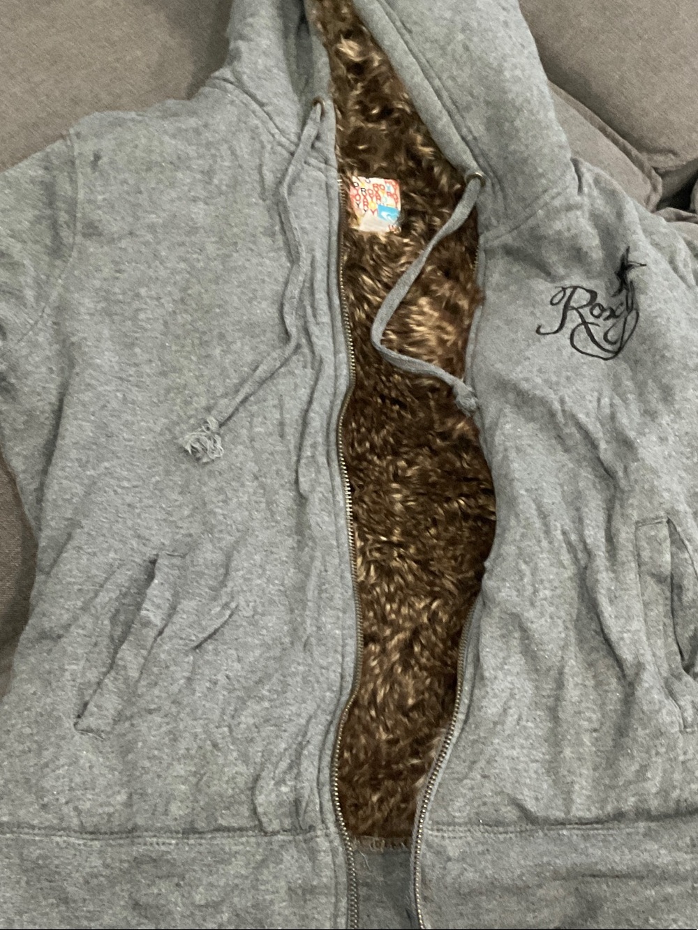 Roxy Gray Hooded Puffer Jacket with Faux Fur Lining